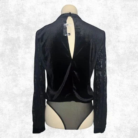 Jealous Tomato Black Velvet Lace Sleeve Bodysuit – Goth Glam Keyhole Back S - Picture 2 of 7